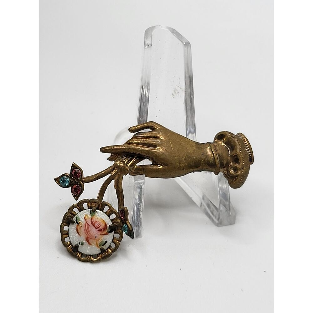 Coro Hand Brooch Holding Flowers Rhinestones Enamel Vintage